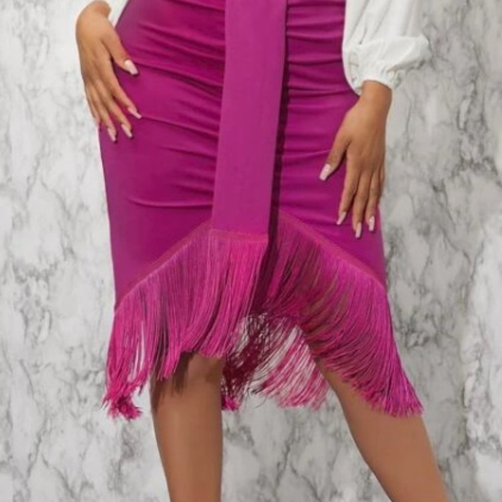 Fuchsia Color Ruched Fringe Skirt, Must Have!